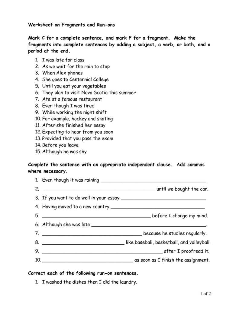 14 Sentence Fragments Worksheets Worksheeto