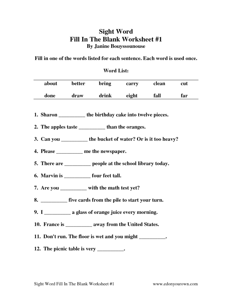 20 Kindergarten Sentence Worksheets Fill In The Blank Worksheeto