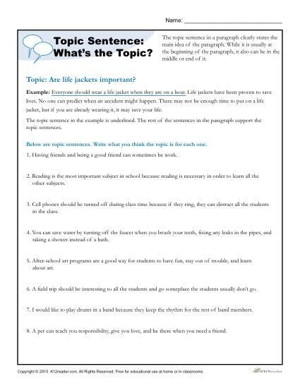 3rd Grade Topic Sentence Worksheet