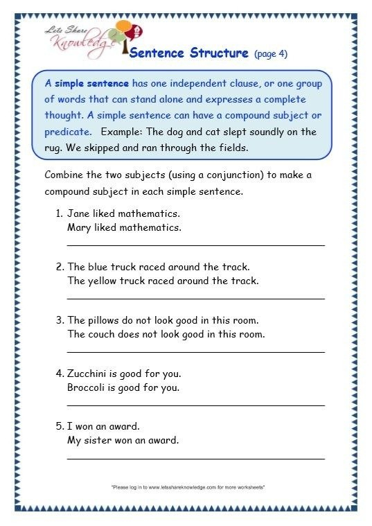 4th Grade Sentence Structure Worksheets Worksheets Master