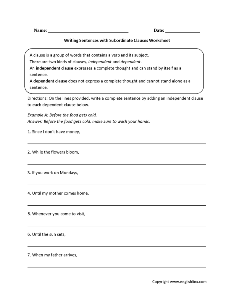 7th Grade Independent And Dependent Clauses Worksheet With Answers