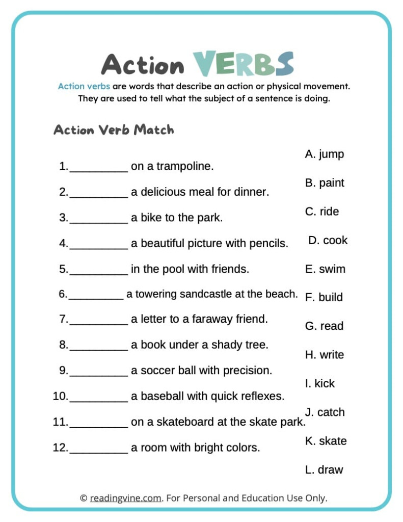 Action Verbs Worksheets Definition Examples ReadingVine