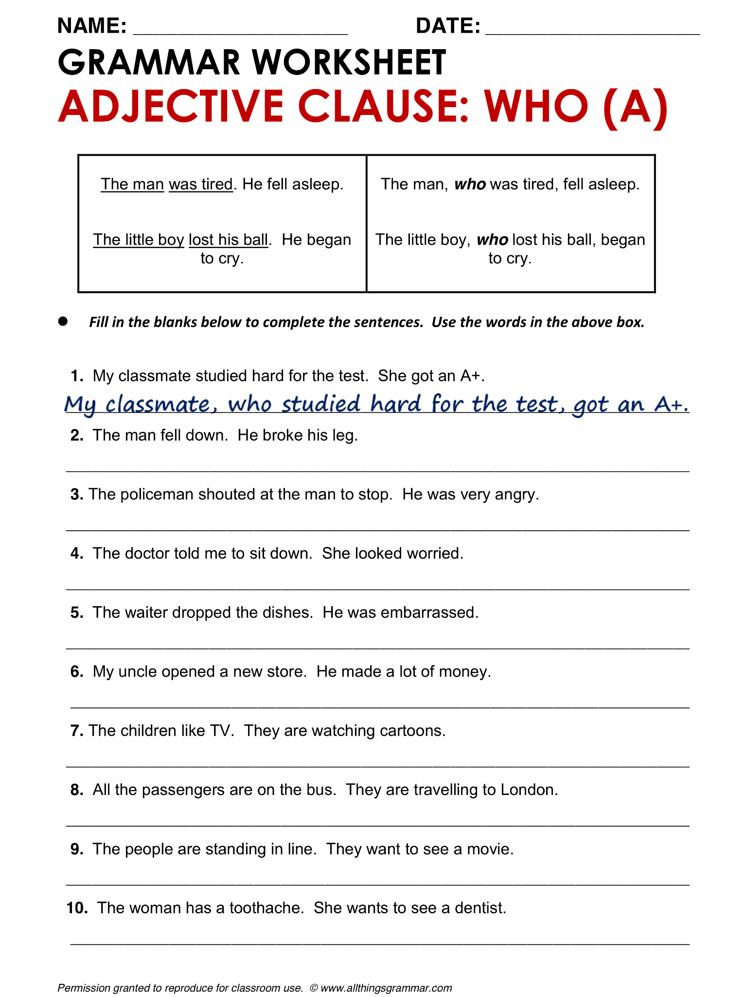 Adjective Clauses Worksheet With Answers Pdf