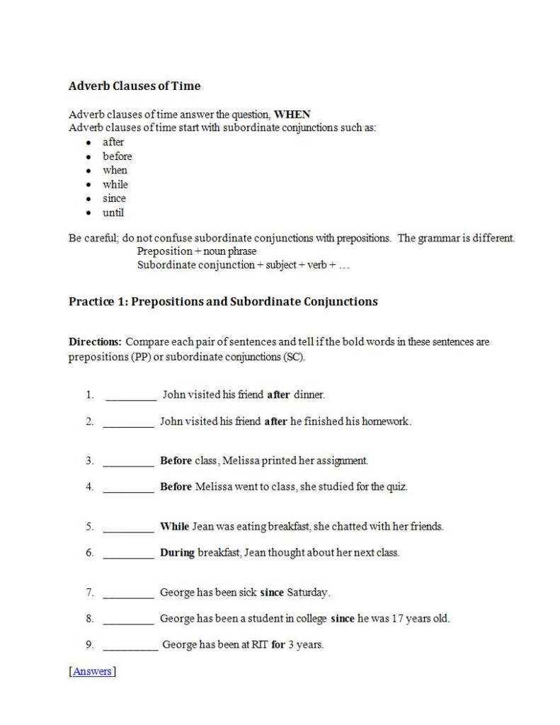 Adverb Clause Worksheet With Answers