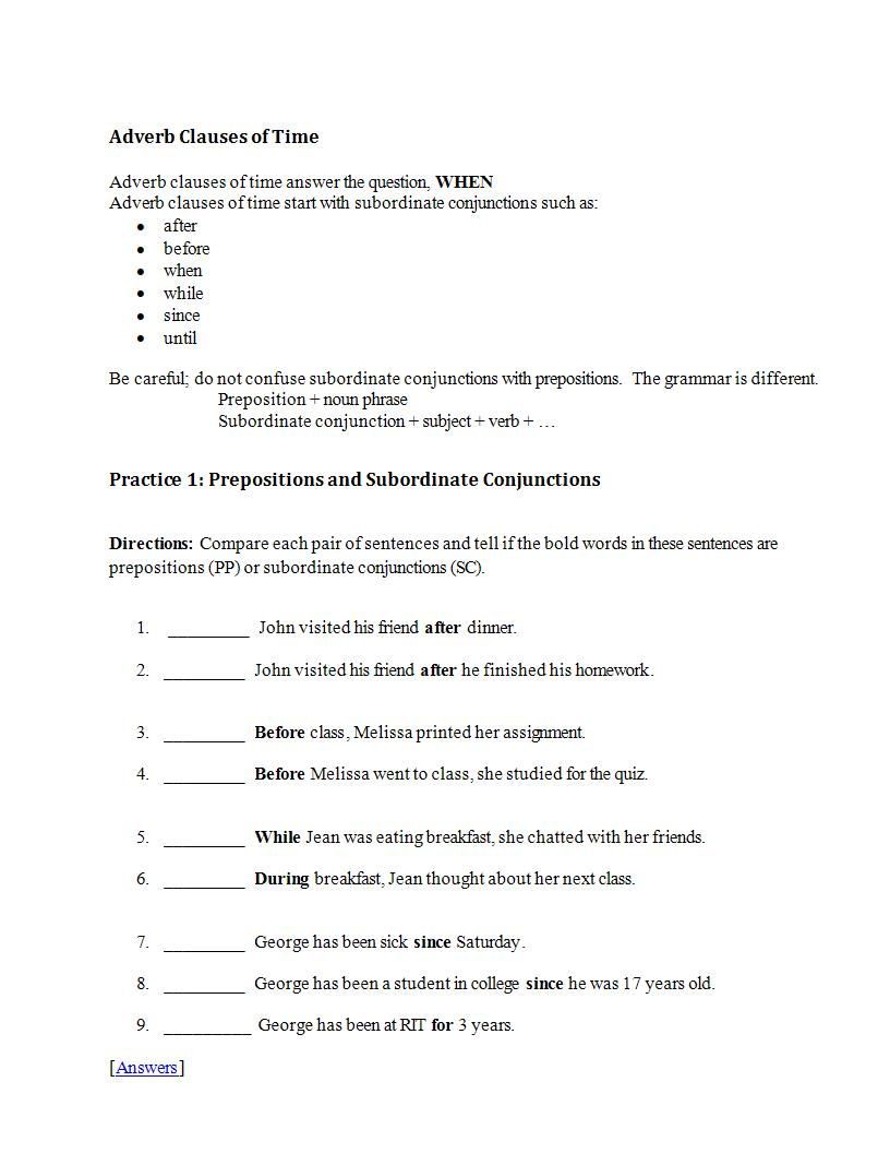 Adverb Clause Worksheet With Answers