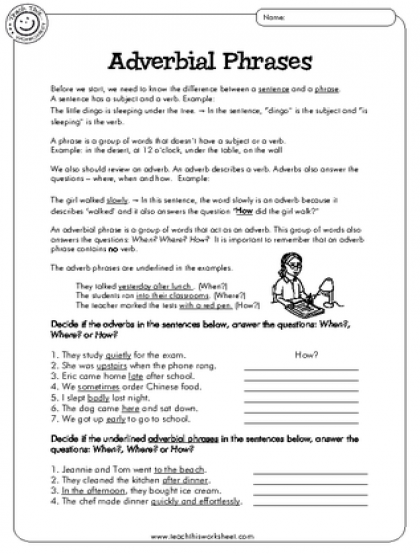 Adverbial Phrase Worksheet With Answers