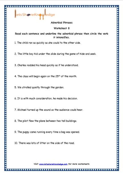 Adverbial Phrases Worksheet With Answers