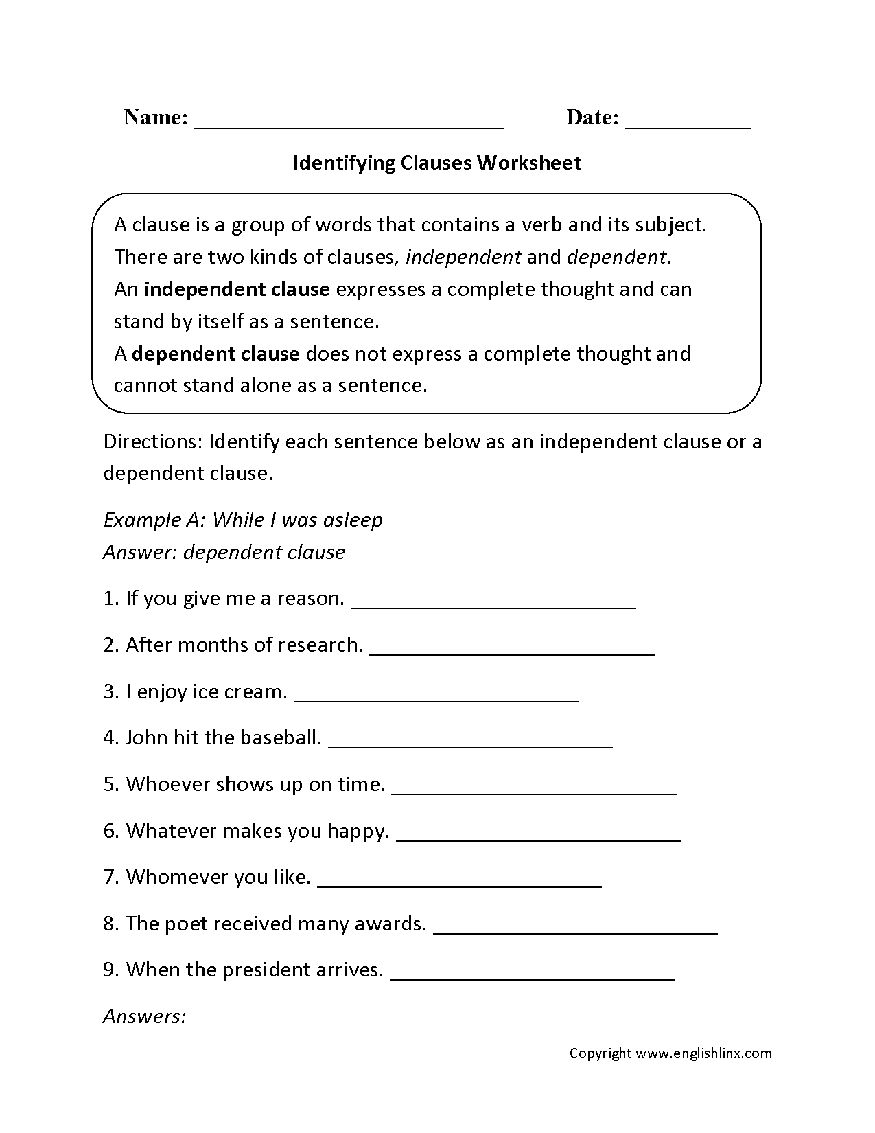 Answer Key Independent And Dependent Clauses Worksheet With Answers