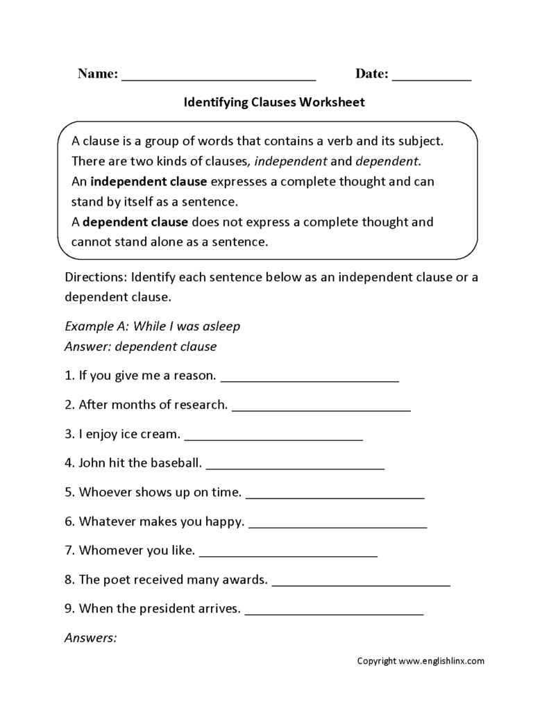 Answer Key Independent And Dependent Clauses Worksheet With Answers 