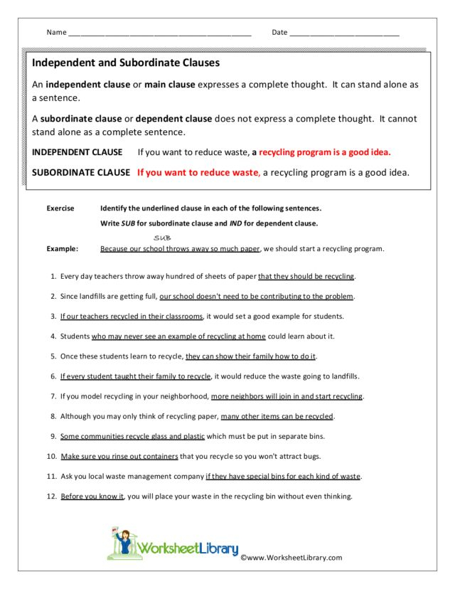 Answer Key Independent And Dependent Clauses Worksheet With Answers 