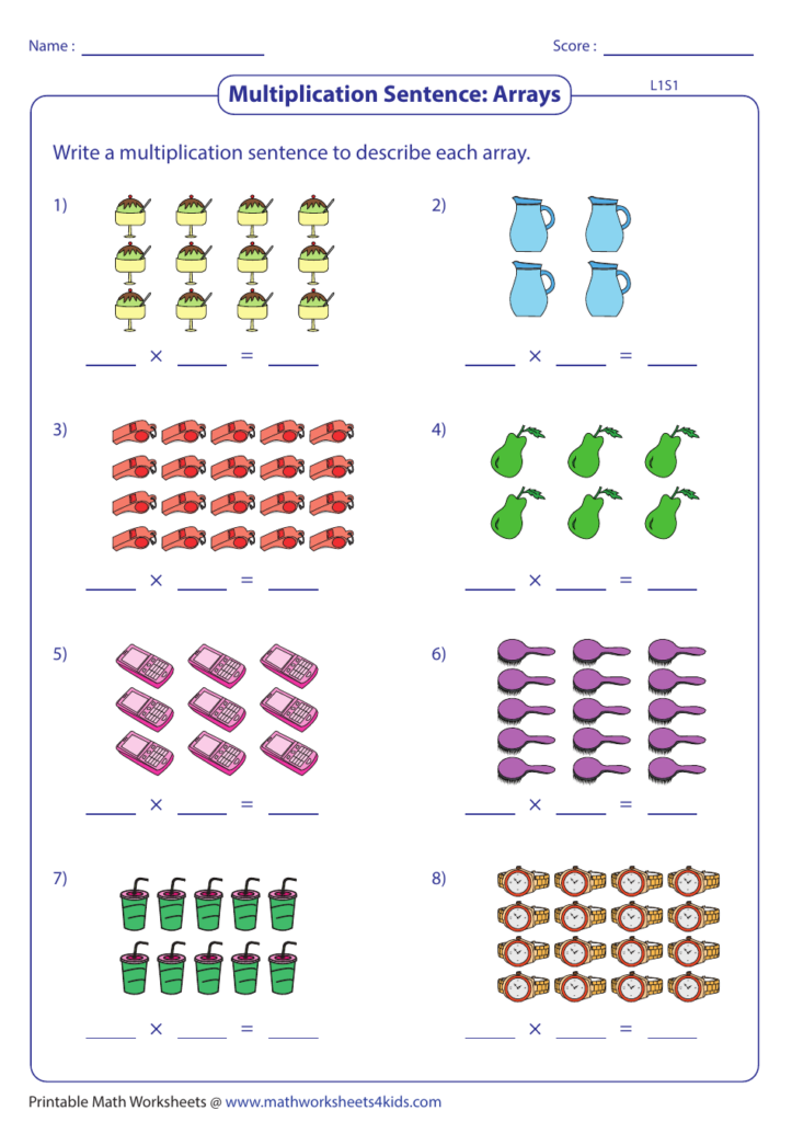 Arrays Multiplication Sentence Worksheet With Answer Key Download 