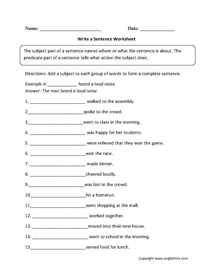 Basic Sentence Structure Worksheets