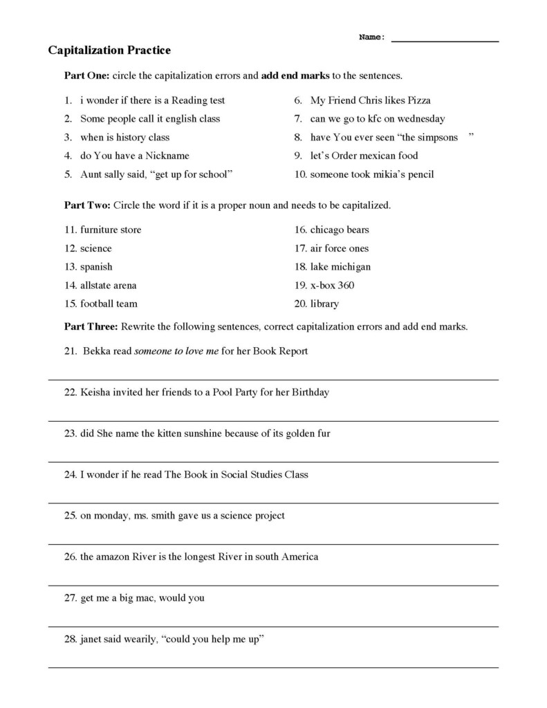 Capitalization Practice Worksheet Grammar Activity