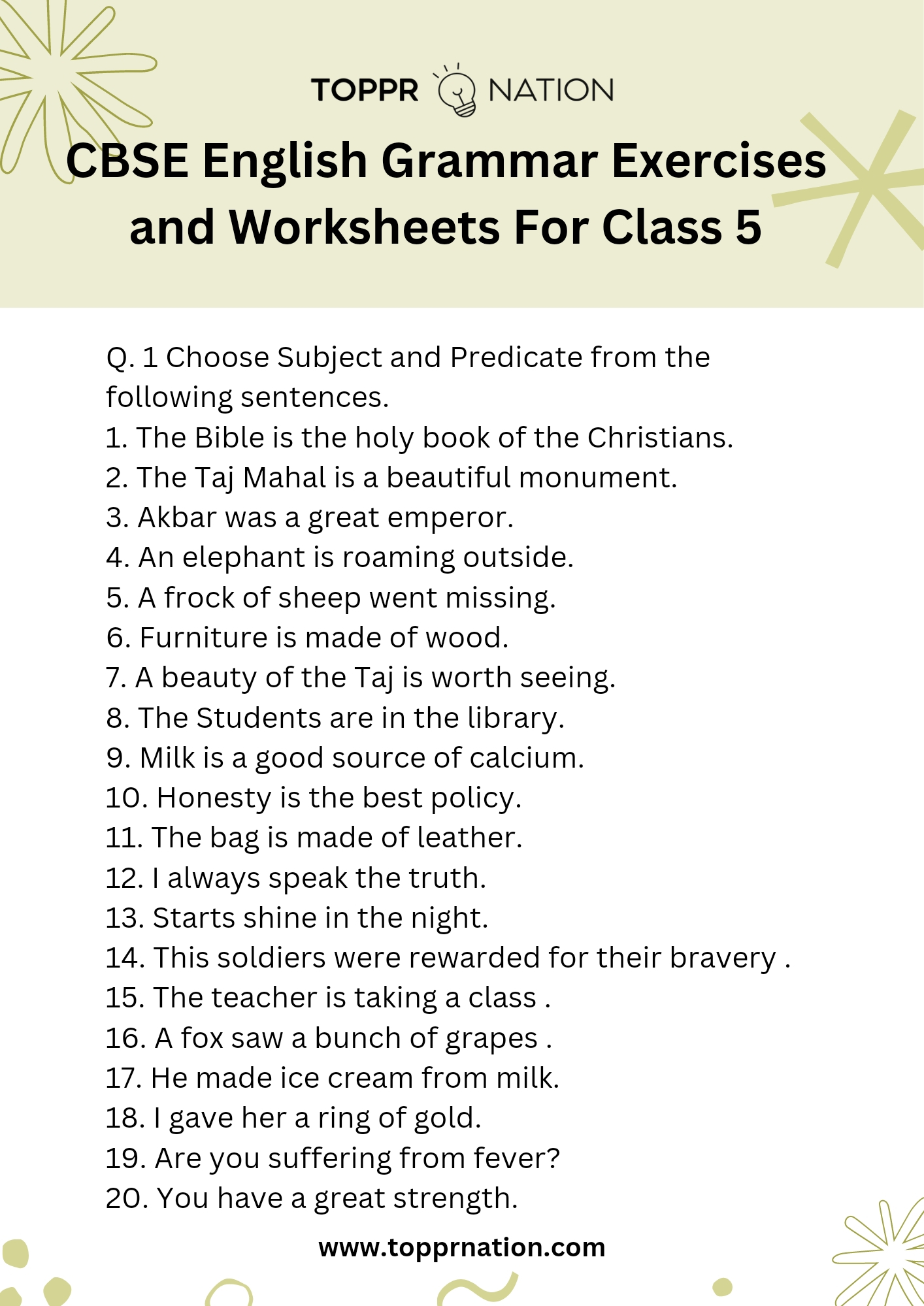 CBSE English Grammar Exercises And Worksheets For Class 5