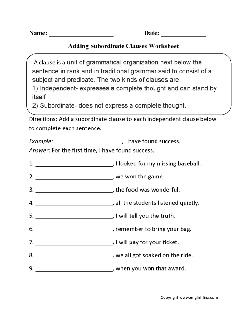 Clauses Worksheets Adding Subordinate Clauses Worksheet