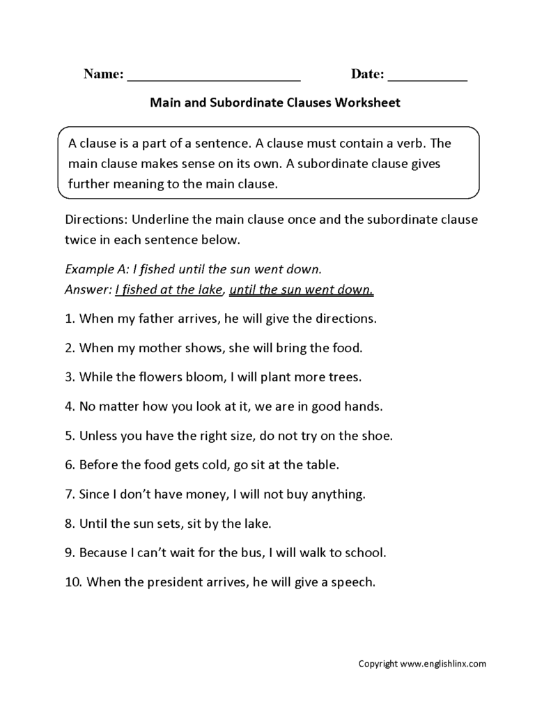 Clauses Worksheets Main And Subordinate Clauses Worksheet Dependent 