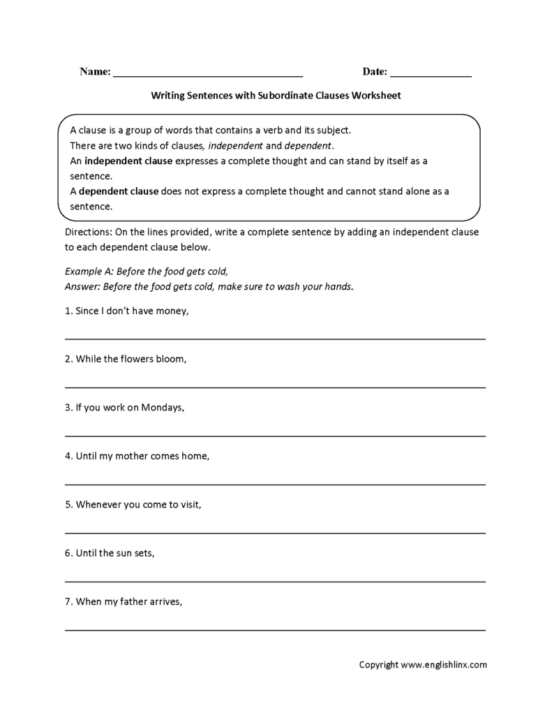 Clauses Worksheets Writing Sentences With Subordinate Clauses Worksheet