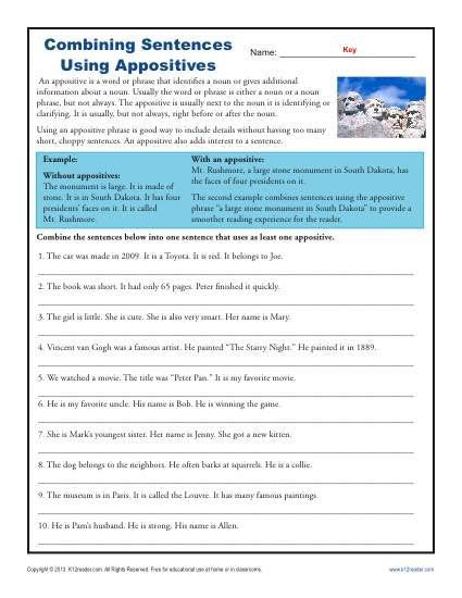 Combining Sentences With Appositives Appositive Worksheets 