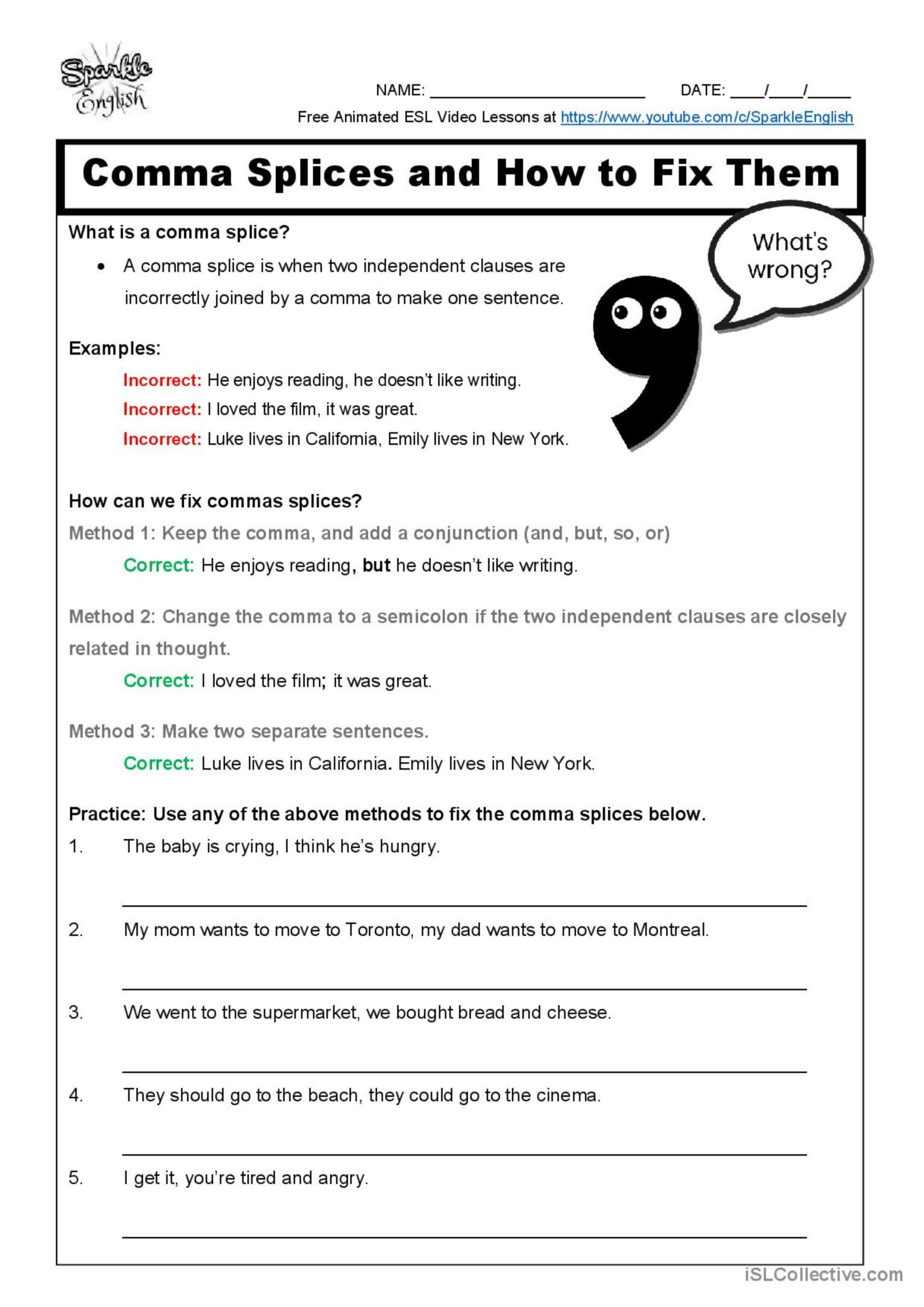 Comma Splices And How To Fix Them A English ESL Worksheets Pdf Doc