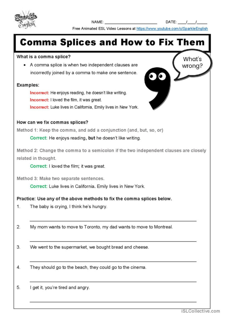 Comma Splices And How To Fix Them A English ESL Worksheets Pdf Doc