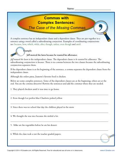 Commas With Complex Sentences Comma Worksheets