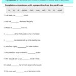 Complete Each Sentence With Preposition From Given Word Bank Worksheet