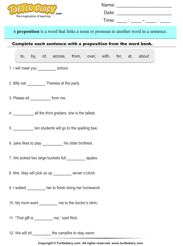 Complete Each Sentence With Preposition From Given Word Bank Worksheet