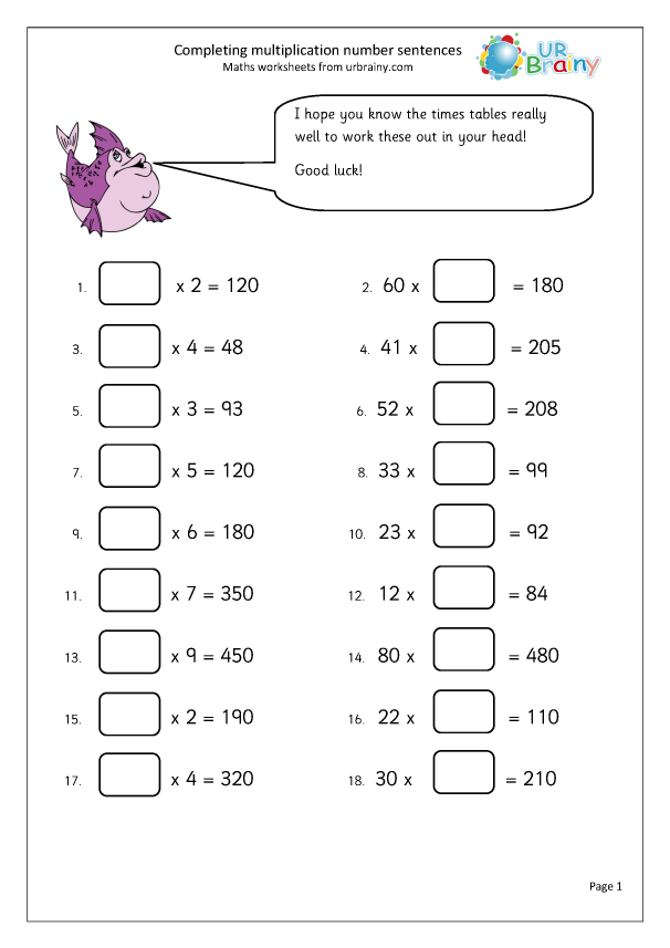 Complete Number Sentences Multiplication By URBrainy