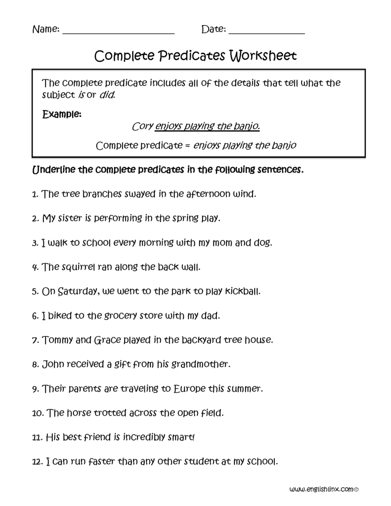 Complete Predicates Worksheet Subject And Predicate Exercises Complete 