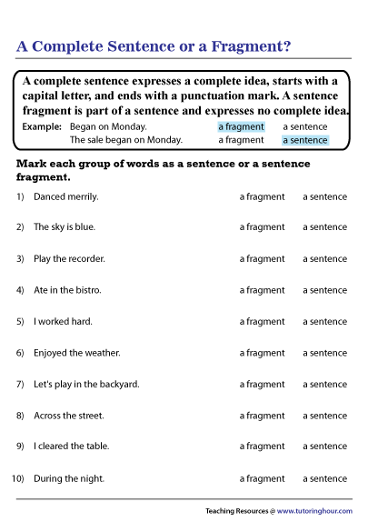 Complete Sentence Vs Fragment Worksheet