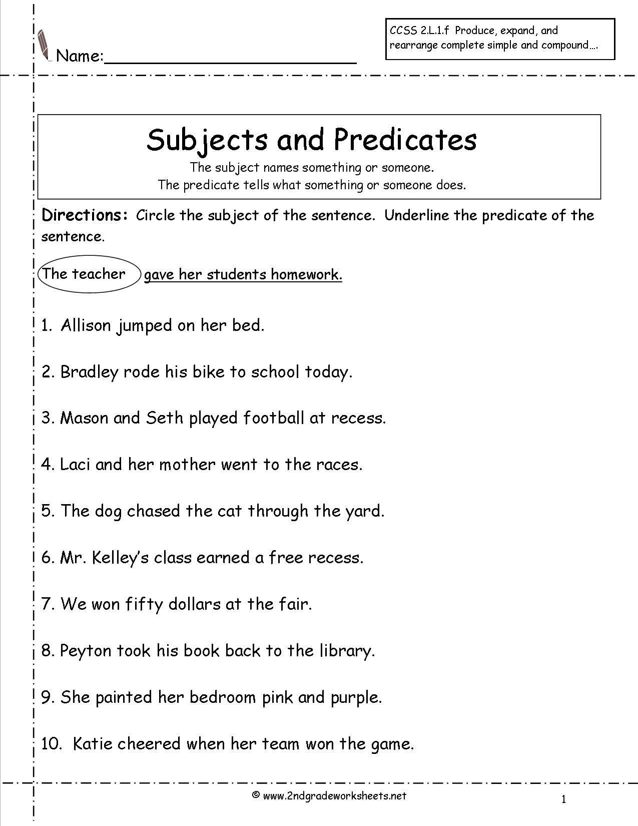 Complete Subject And Complete Predicate Worksheet With Answers