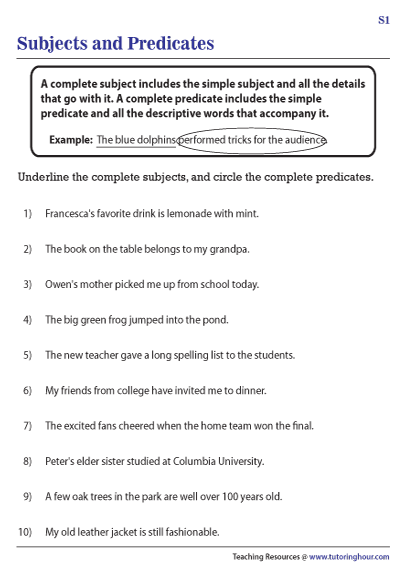 Complete Subjects And Complete Predicates Worksheets