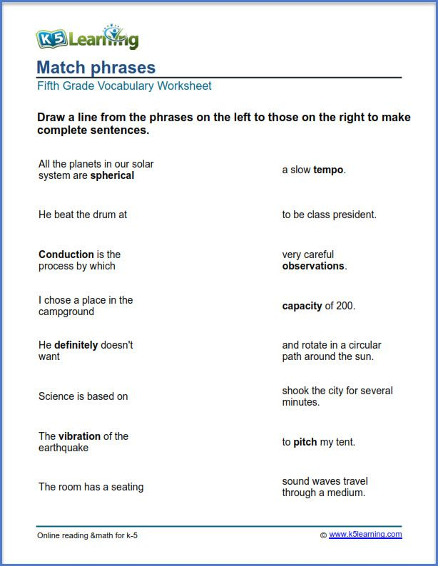 Complete The Sentences K5 Learning Vocabulary Worksheets Phrases 