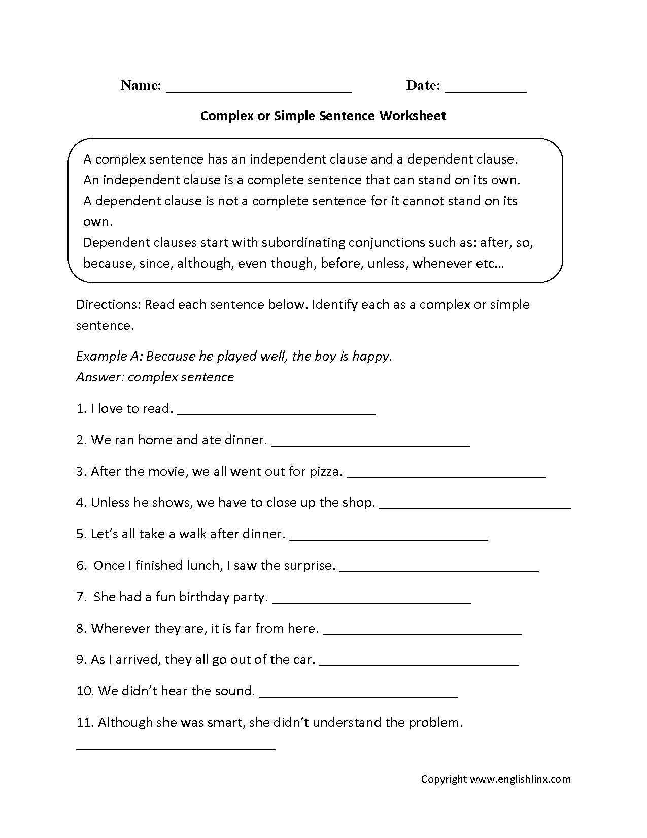 Complex Or Simple Sentences Worksheet Complex Sentences Worksheets