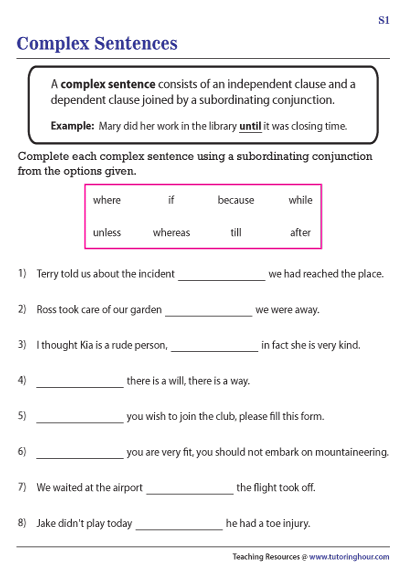 Complex Sentence Worksheet