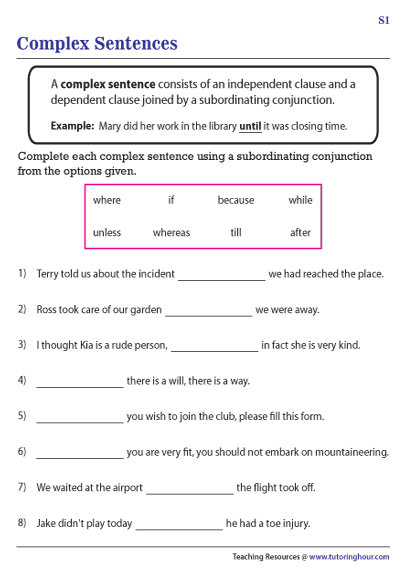 Complex Sentence Worksheets