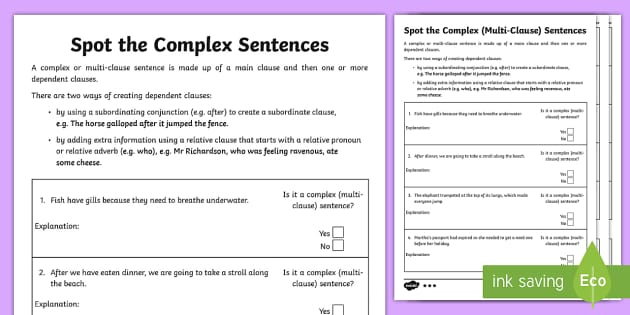 Complex Sentences Differentiated Worksheets For KS2 Kids