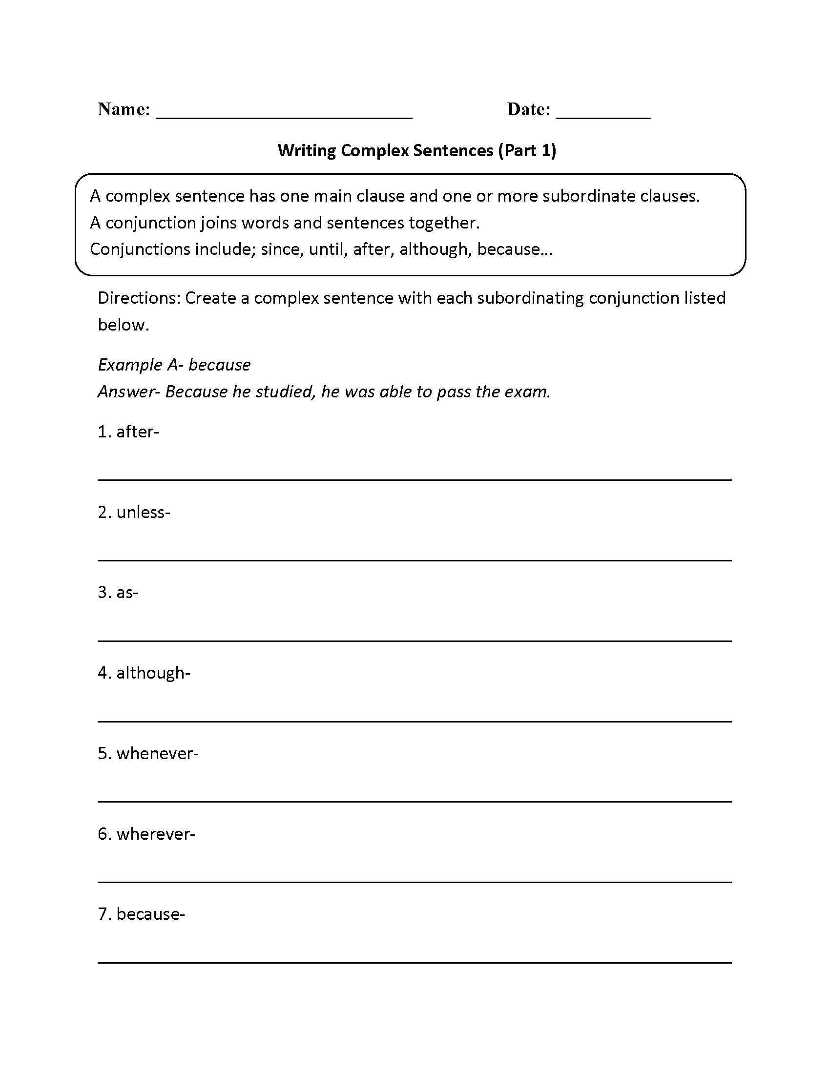 Complex Sentences Worksheet