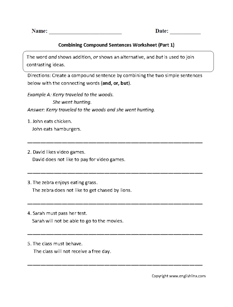 Compound Sentences Worksheets Combining With Compound Sentences 