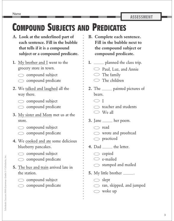 Compound Subjects Predicates Grammar Practice Grade 3 Printable 