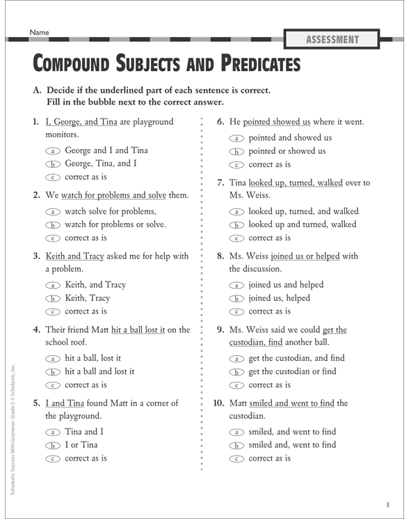 Compound Subjects Predicates Grammar Practice Grade 5 Printable 