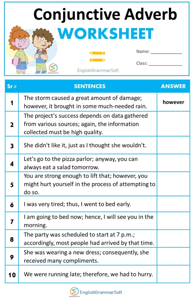 Conjunctive Adverb Examples Thamo List Worksheets 