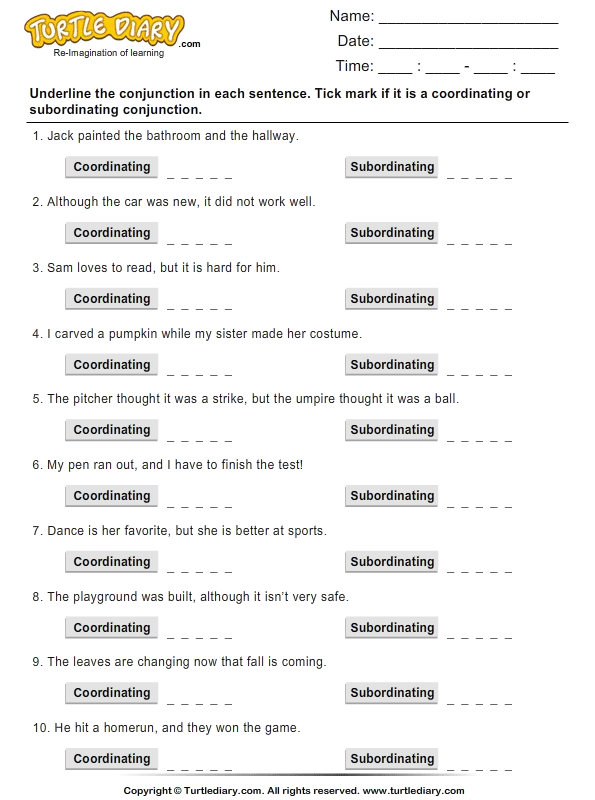 Coordinating And Subordinating Conjunctions Exercises With Answers 