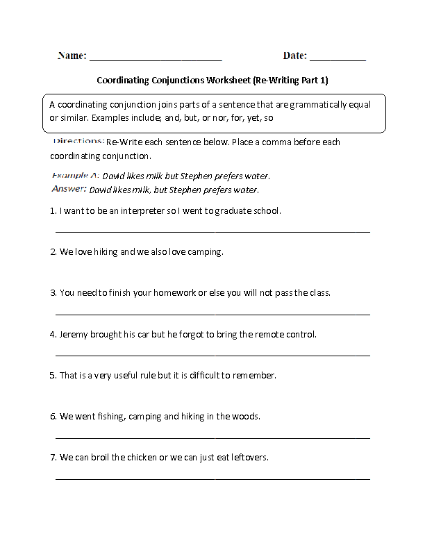 Coordinating Conjunctions Worksheet With Answers