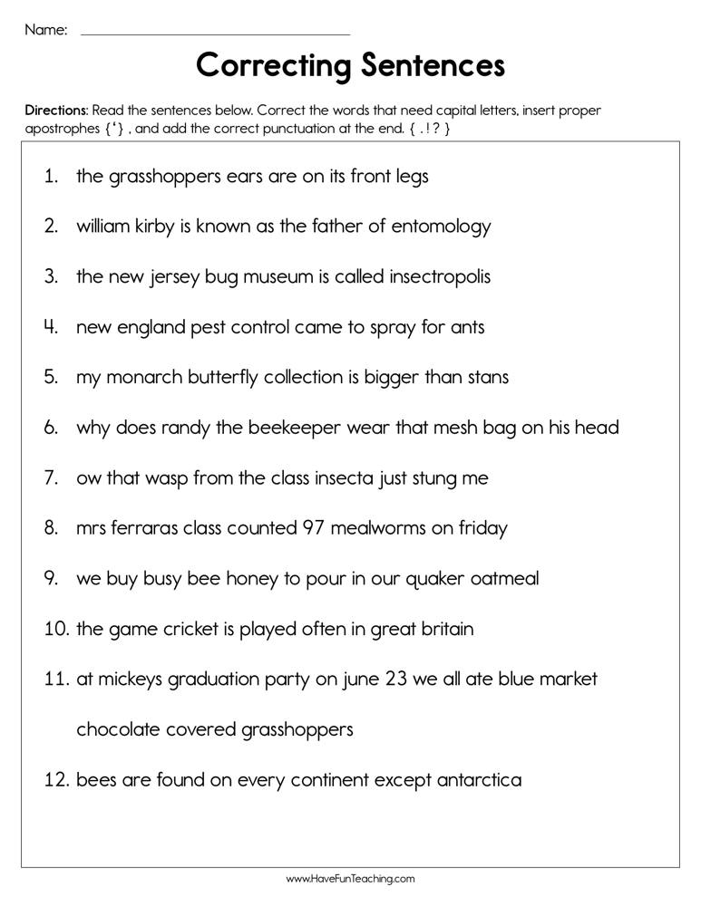 Correcting Sentences Worksheet Have Fun Teaching