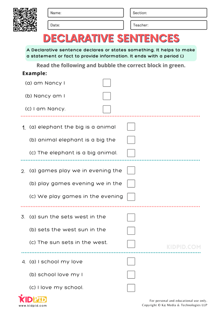 Declarative Sentence Free Printable Worksheets For Grade 1 Kidpid