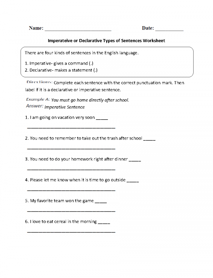 Declarative Sentences Worksheets 99Worksheets