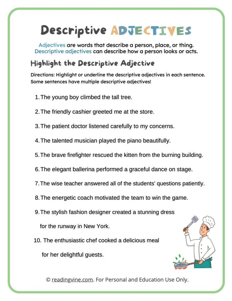 Descriptive Adjectives Worksheets ReadingVine