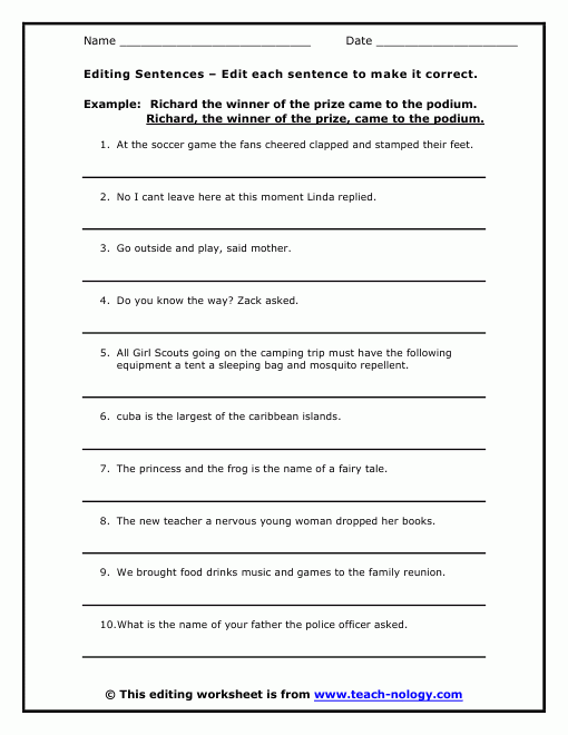 Editing Sentences Worksheet First Grade