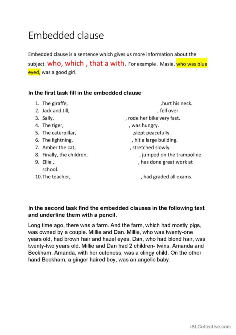 Embedded Clause Worksheet English ESL Worksheets Pdf Doc